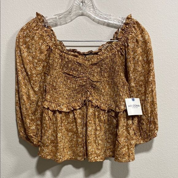Arizona Jean‎ Co Golden Brown Floral Smocked Peplum Blouse NWT Size Small - Picture 3 of 11